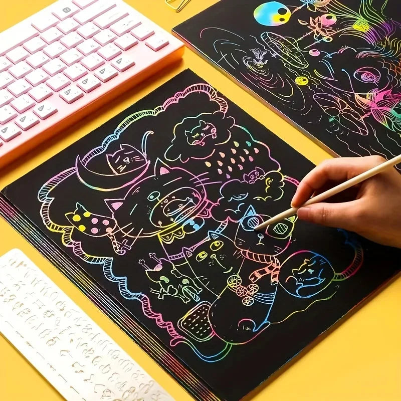 50 pcs Scratch Paper Kids Rainbow Magic Scratch Off Paper Sheets Art Craft Kit Black Note Paper Drawing Pads with Stencils