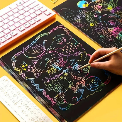 50 pcs Scratch Paper Kids Rainbow Magic Scratch Off Paper Sheets Art Craft Kit Black Note Paper Drawing Pads with Stencils