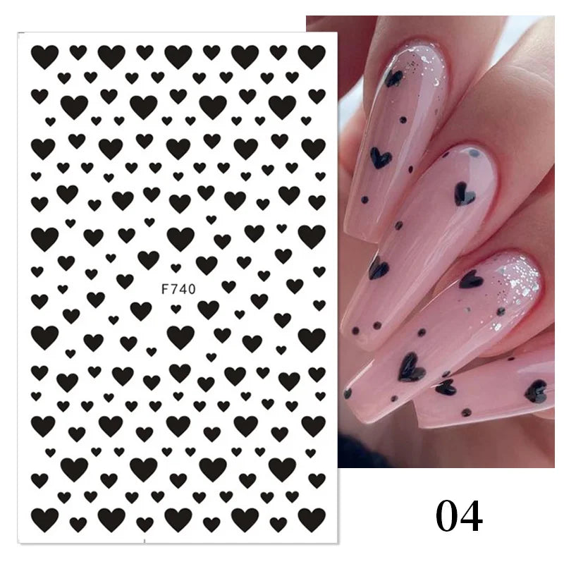 Black and White Love Flowers Line Art 3D Stickers Nail Decals Nail Art Accessories Butterfly Rose Nail Stickers Nail Sliders