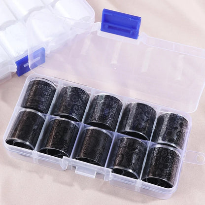10 Rolls/Box White Black Lace Nail Art Foils Set Nail Transfer Sticker Paper DIY Manicure Nail Decoration Accessories