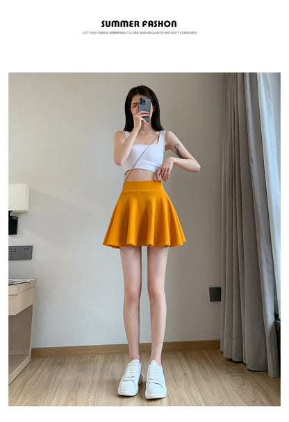 Summer Basic Skirts Women Shorts Mini Elastic Pleated Skirts High Waist Bubble Sun Skirts School Girl Uniform Lined Safety Pants