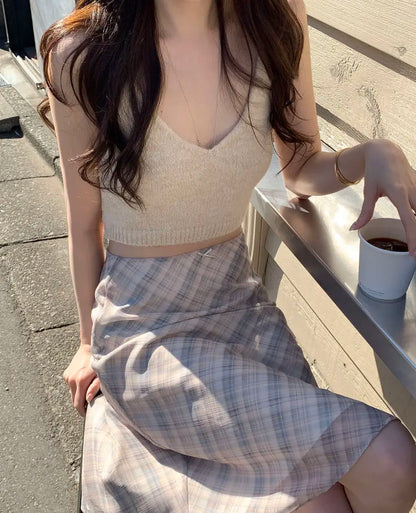 Deeptown Plaid Skirt Vintage Women Elegant Sweet Korean Style Mid Skirt Y2k Harajuku fashion A-line summer Aesthetics Skirts