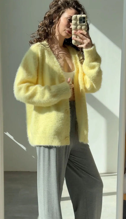 Women New Knitted Thick Cashmere Wool Cardigan Chic V Neck Single Breasted Fashion Long Sleeve Sweater Fall Winter Coat Outwear