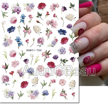 3d Nails Art Decals Spring Fruits Pink Full Tips Peony Magnolia Flowers Adhesive Sliders Stickers Decoration For Nails Manicure