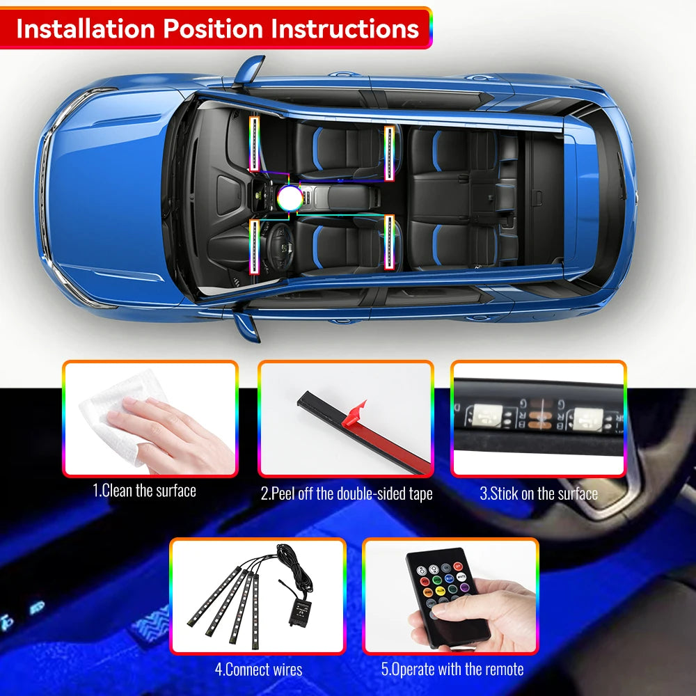 Neon Car Interior Ambient Foot Light with USB Wireless Remote Music App Control RGB 48 LED Atmosphere Decorative Lamp