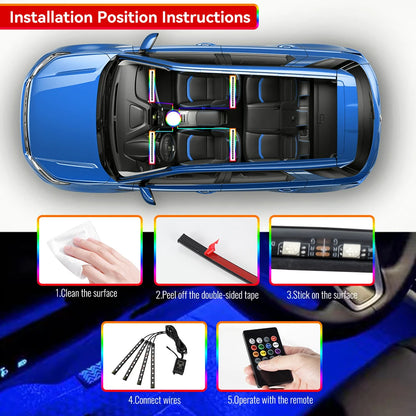 Neon Car Interior Ambient Foot Light with USB Wireless Remote Music App Control RGB 48 LED Atmosphere Decorative Lamp