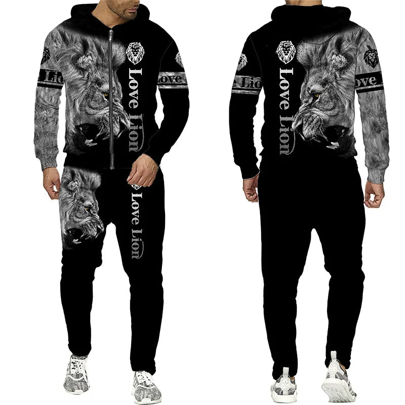 Spring and Autumn Men's Tracksuit 3D The Lion Print Zipper Hoodies Sweatshirts Pants Sets Casual Mens Clothing Women's Tracksuit