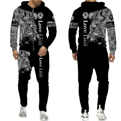 Spring and Autumn Men's Tracksuit 3D The Lion Print Zipper Hoodies Sweatshirts Pants Sets Casual Mens Clothing Women's Tracksuit