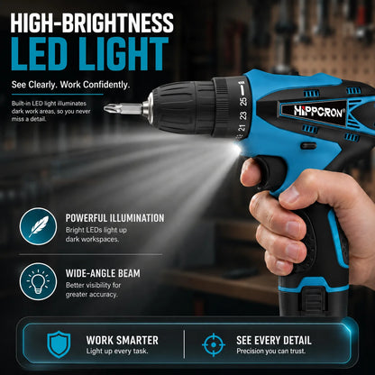 Hippcron 12V Lithium Electric Drill Tapping Cordless Impact Tool Ratchet Set Multifunction Screwdriver Household with 3/8" Chuck