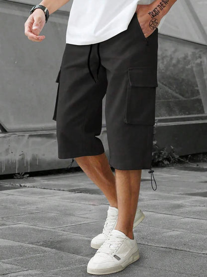 Men's 3/4-Length Cargo Shorts — Woven Twill Fabric, Multi-Pocket Casual Trousers. Non-Stretch Adult Apparel for Summer