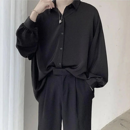 Korean Style Men's Long-sleeved Shirts Black Tie Cozy Casual Solid Oversize Blouses Breathable Loose Shirt Harajuku Male Clothes