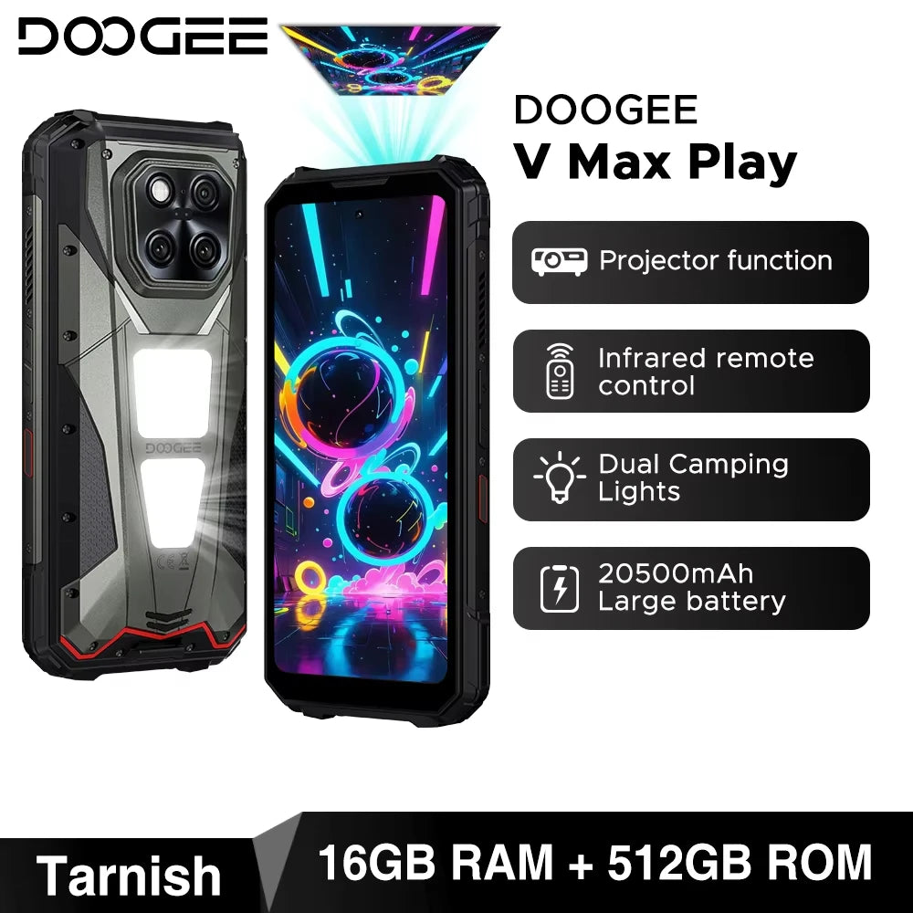 DOOGEE V Max Play 5G Projector Rugged Phone 6.78" Display 20500mAh Battery Dual Camping lights Dimensity 7300 NFC Smartphone