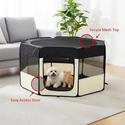 Foldable Enclosed Playpen for Dog Cat Small Animals Octagonal in Oxford Fabric and Steel - Ø 120 X 58H cm - Black and Cream