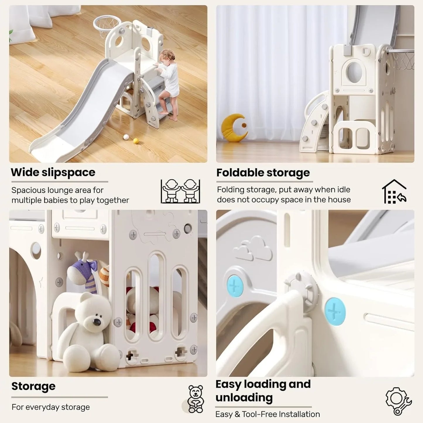 Children's slide, multifunctional Toddler Slide With Playpen, Storage Space and Non-slip Steps, Indoor & Outdoor Pla(Gray White)