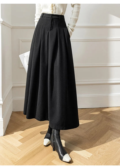 Vintage Winter Woolen Long Skirts For Women Streetwear High Waist Pleated Maxi Skirt Big Swing Folds A-Line Jupe Longues Femme