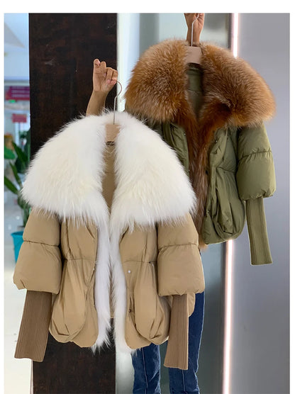 Oversized Winter Warm Real Fox Fur Collar Black Down Coat Women Puffer Outerwear Jackets 2024 Autumn Winter