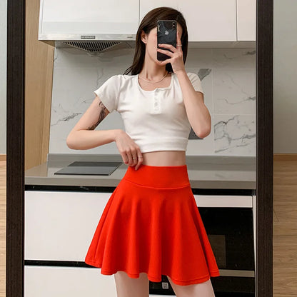 Summer Basic Skirts Women Shorts Mini Elastic Pleated Skirts High Waist Bubble Sun Skirts School Girl Uniform Lined Safety Pants