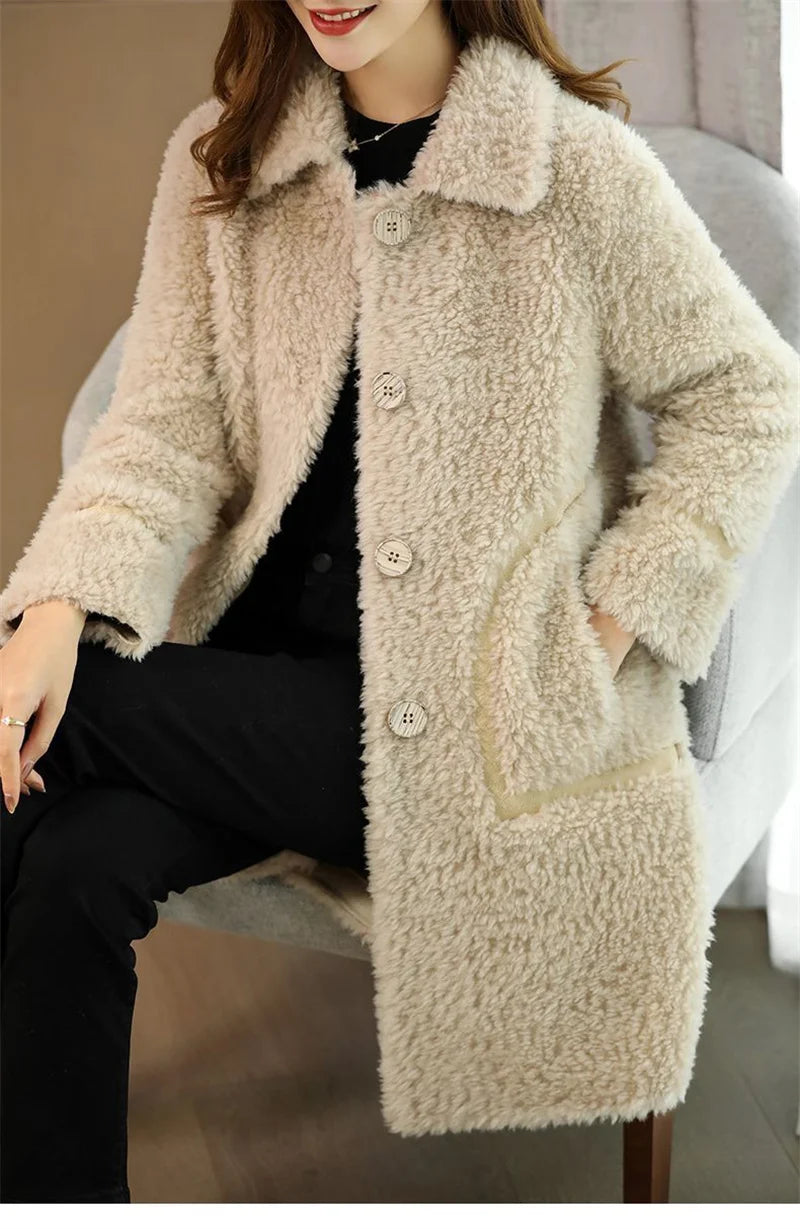 Female Winter Slim Grain Wool Middle Long Coat Women New Middle-Aged And Elderly Cashmere Thickened Imitation Lamb Wool Overcoat