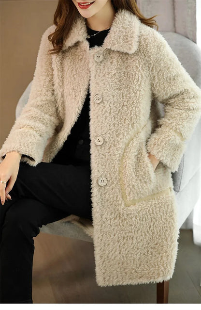Female Winter Slim Grain Wool Middle Long Coat Women New Middle-Aged And Elderly Cashmere Thickened Imitation Lamb Wool Overcoat
