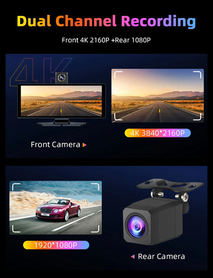 7"/10.26" 4K Dash Cam Wireless Carplay Android Auto 350° Rotating Lens Car DVR GPS Navigation Dashboard Video Recorder Bluetooth