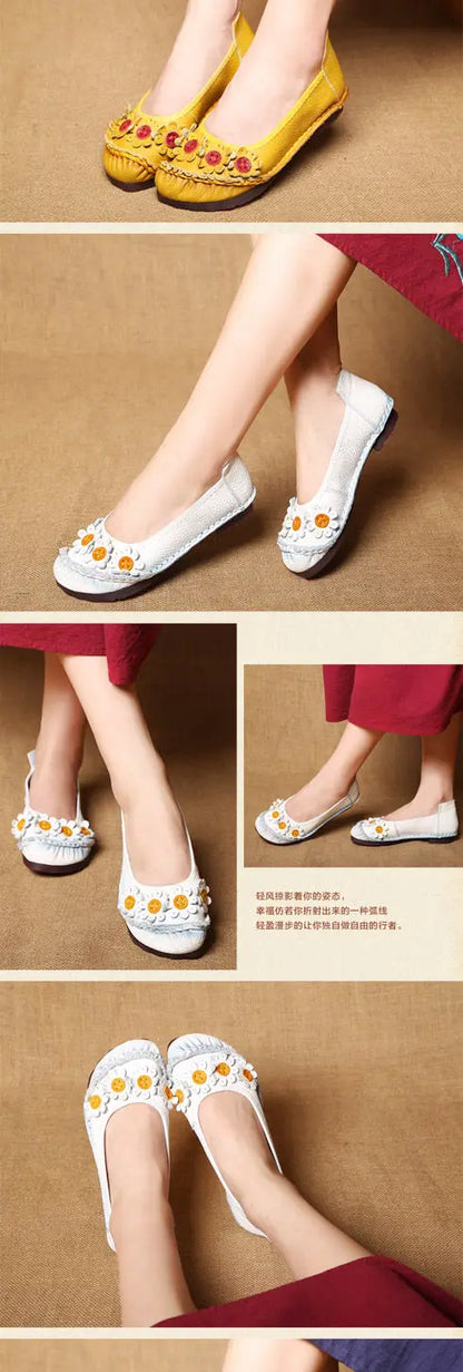 Vintage Flower Moccasins Woman Genuine Leather Ballet Flats Ladies Hollow Slip Ons Women's Luxury Loafer Purple Walking Shoes 42