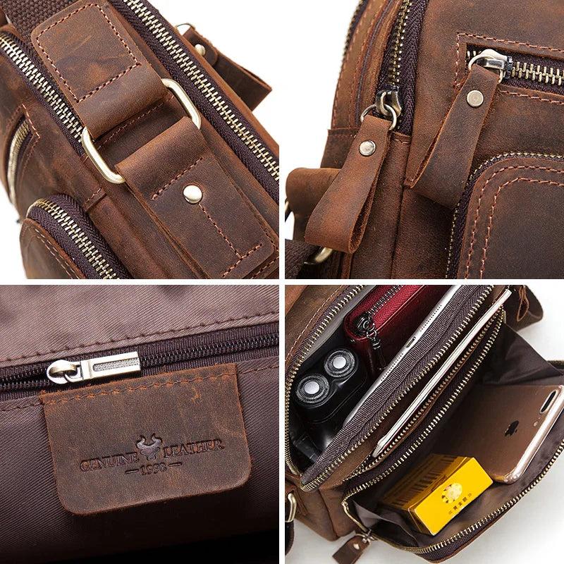 HUMERPAUL Genuine Leather Men's Shoulder Bag Vintage Cross Bags Large Capacity Male Messenger Tote Bag Travel Bolso Hombres