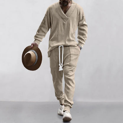 2025 Cross-border New Men's Casual Trousers V-Neck Versatile Jacquard Knitted Sweater Set
