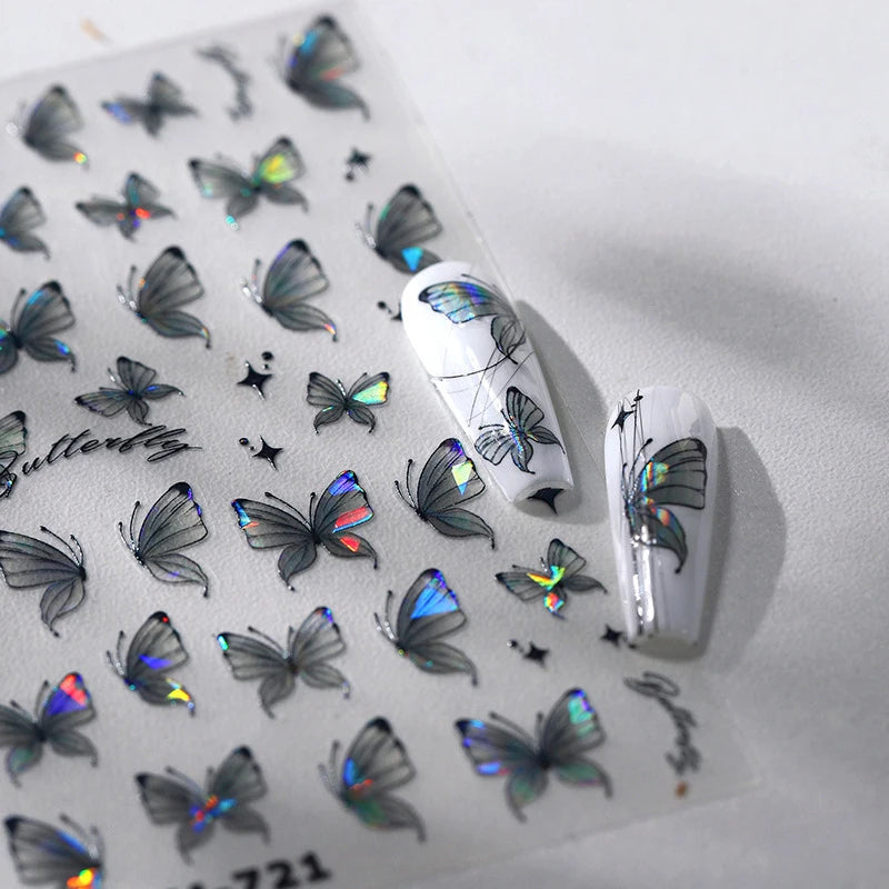 Shiny Jelly Butterfly Charming Golden Gradient Bowknot 5D Self Adhesive Nail Art Sticker Flower Petal Rhinestone Manicure Decals