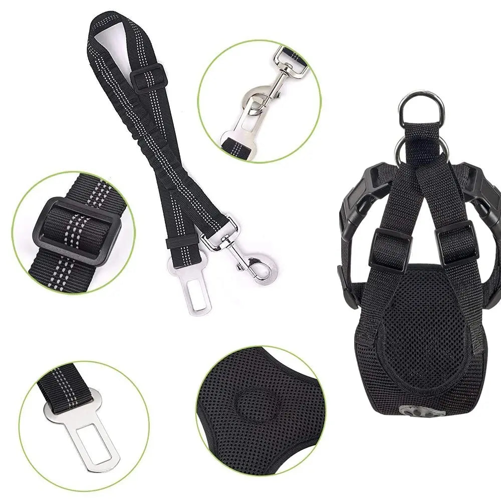 Dog Safety Vest Harness with Seatbelt, Dog Car Harness Seat Belt Adjustable Pet Harnesses Double Breathable Mesh Fabric with Car