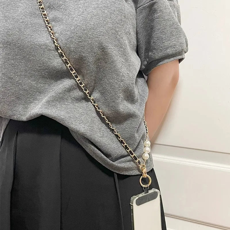 Pearl Leather Chain Mobile Phone Strap Long Crossbody Anti-Loss Shoulder Cord with Metal Pendant for Women