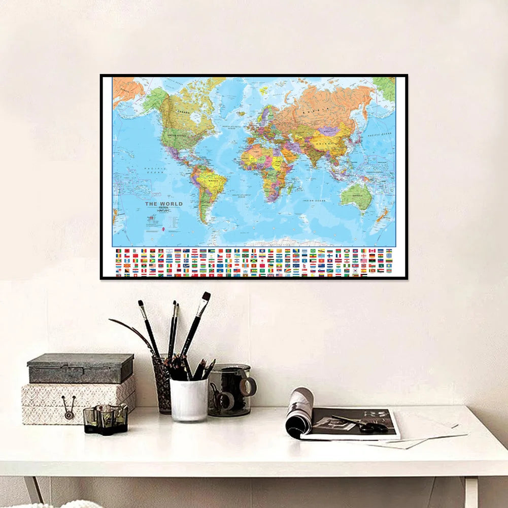World Map Poster Modern Wall Art Canvas Painting Picture for Education Home Office School Supplies - 84x59cm/ 90x60cm