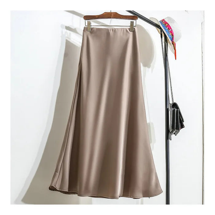 Botvotee Elegant Satin Long Skirt for Women Spring Summer 2025 Office Ladies Korean Style Loose Elastic Band Midi Skirts