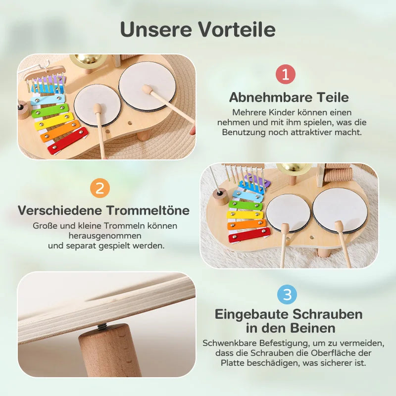 7 in 1 Wooden Toddler Musical Instrument Table Montessori Baby Percussion Toy Xylophone Drum Set Sensory Early Learning Play Gift for Kids 1‑4Y
