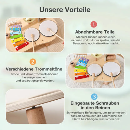 7 in 1 Wooden Toddler Musical Instrument Table Montessori Baby Percussion Toy Xylophone Drum Set Sensory Early Learning Play Gift for Kids 1‑4Y