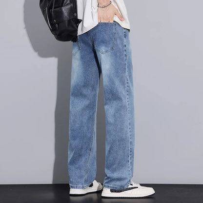 New Arrival American Vintage Wide Leg Elastic Denim Pants for Men Loose Straight Fit Flowy Versatile Casual Pants