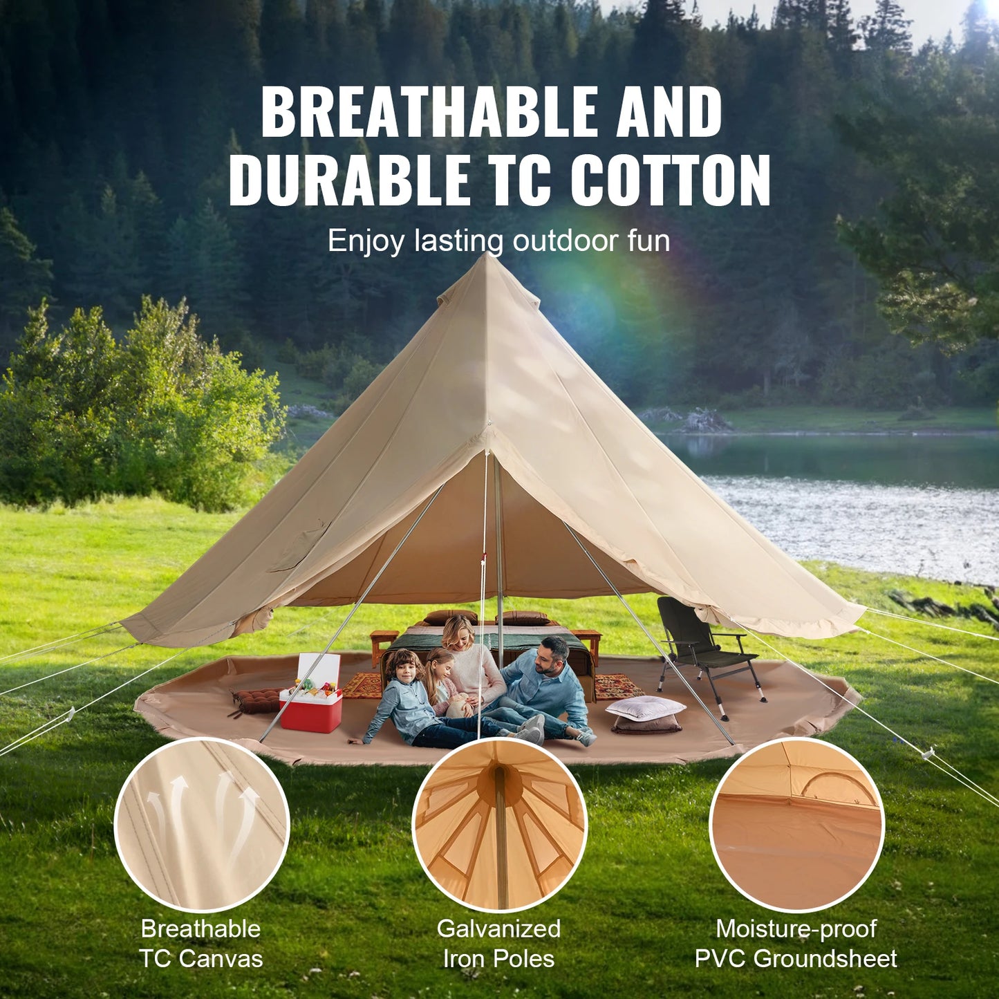 SucceBuy Canvas Bell Tent 4 Seasons 9.8ft Yurt Tent Canvas Tent for Camping with Stove Jack Breathable Tent Holds up to 4 People