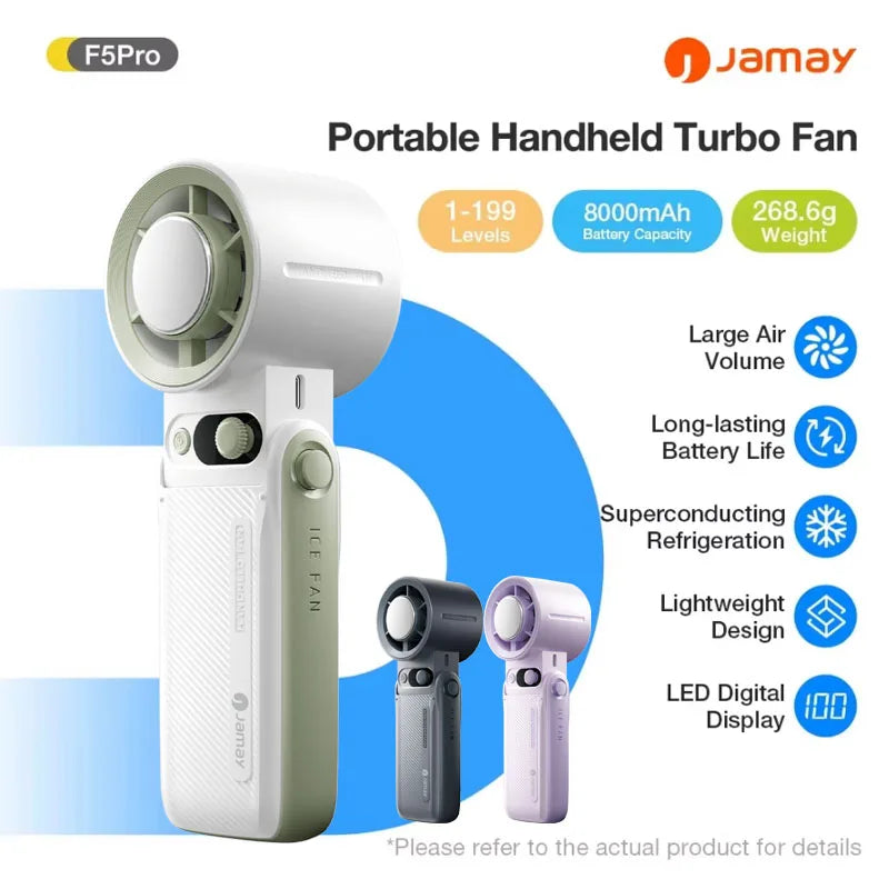 Portable Handheld Fan Strong Wind 199 Gear Wind Speed LED Digital Display Adjustable Outdoor 3-in-1 Handheld Fan 8000mAh F5PRO