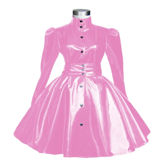 Plus Size Sweet Girl Mini Dress PVC Leather High Neck Button Pleated  A-line Dress Preppy Style Back Zipper Long Sleeve Dress