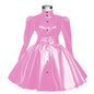 Plus Size Sweet Girl Mini Dress PVC Leather High Neck Button Pleated  A-line Dress Preppy Style Back Zipper Long Sleeve Dress