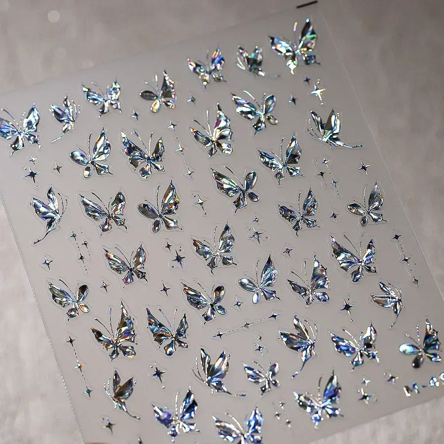 Shiny Jelly Butterfly Charming Golden Gradient Bowknot 5D Self Adhesive Nail Art Sticker Flower Petal Rhinestone Manicure Decals