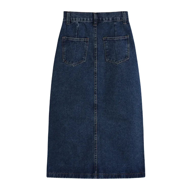 Korean Style Slim Bodycon Blue Skirts For Women 2026 Spring Summer New High Waist Split Denim Midi Skirt