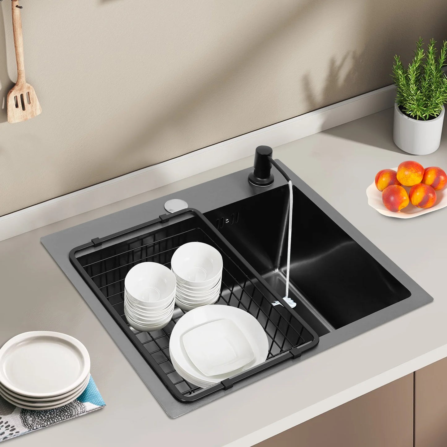 High-Class Kitchen Sink Complete Set,45*40*20Cm,201 Stainless Steel Durable Large Capacity Clean Sink，Single Bowl Black Sink
