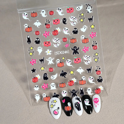 1sheet 5D Halloween Nail Stickers Pink/Green/Black Cartoon Pattern Nail Art Slider DIY For Sweet Cool Girl Cute Nail Decoration