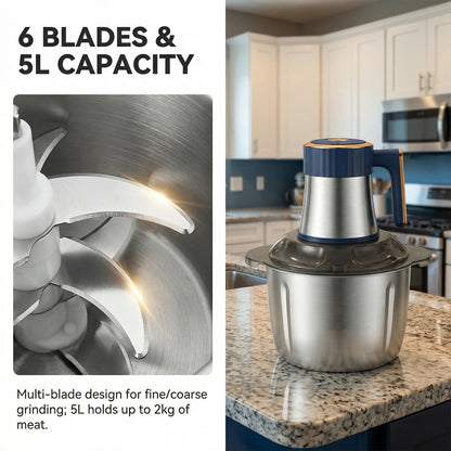 Podofo 5L Electric Meat Grinder Food Chopper Vegetable Chopper 5 Speed 6 Blades Meat Mincer Mixer Electric Dicer Stainless Steel
