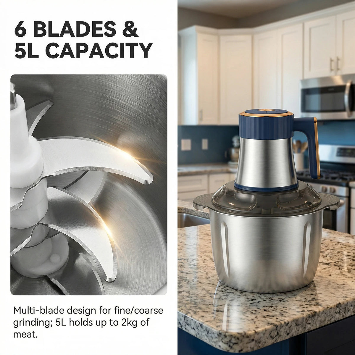 Podofo 5L Electric Meat Grinder Food Chopper Vegetable Chopper 5 Speed 6 Blades Meat Mincer Mixer Electric Dicer Stainless Steel