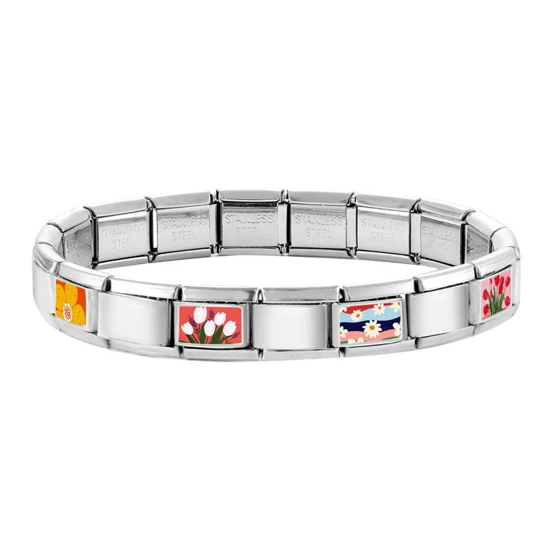 2025 Women's Fashion Colorful Flowers Oil Painting Style Series Italian Charms Fit 9mm Stainless Steel Bracelet DIY Jewelry Gift
