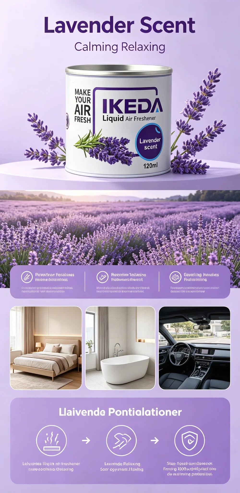 IKEDA 120g Lavender Scent Liquid Air Freshener, Long Lasting Calming Floral Fragrance, Powerful Odor Eliminator for Car Home Off