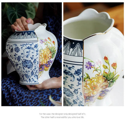 Splicing Light Luxury Antique Style Ceramic Vase Creative European Vintage Flower Vase Arrangement Living Room Desktop Ornaments