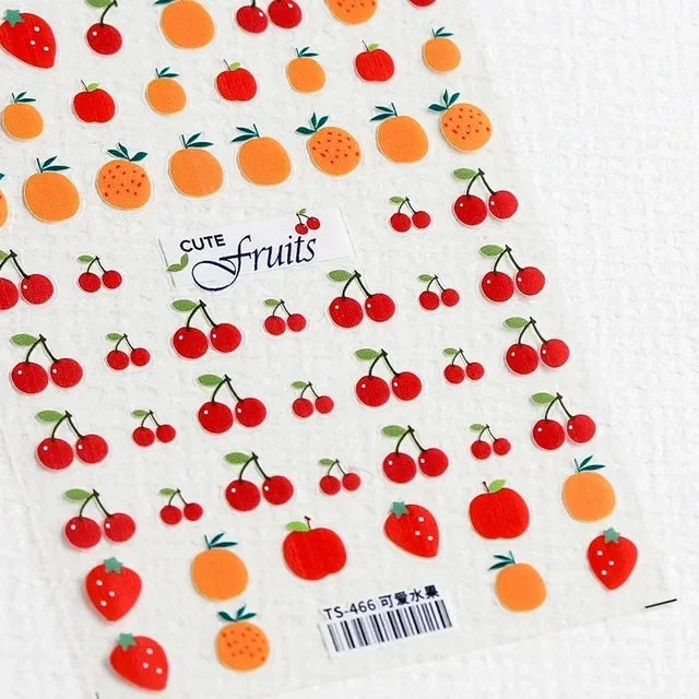 Fresh Sweet Fruits Strawberry Cherry Bowknot Love Heart Lemon 5D Nail Art Stickers Self Adhesive Decorations Nail Manicure Decal