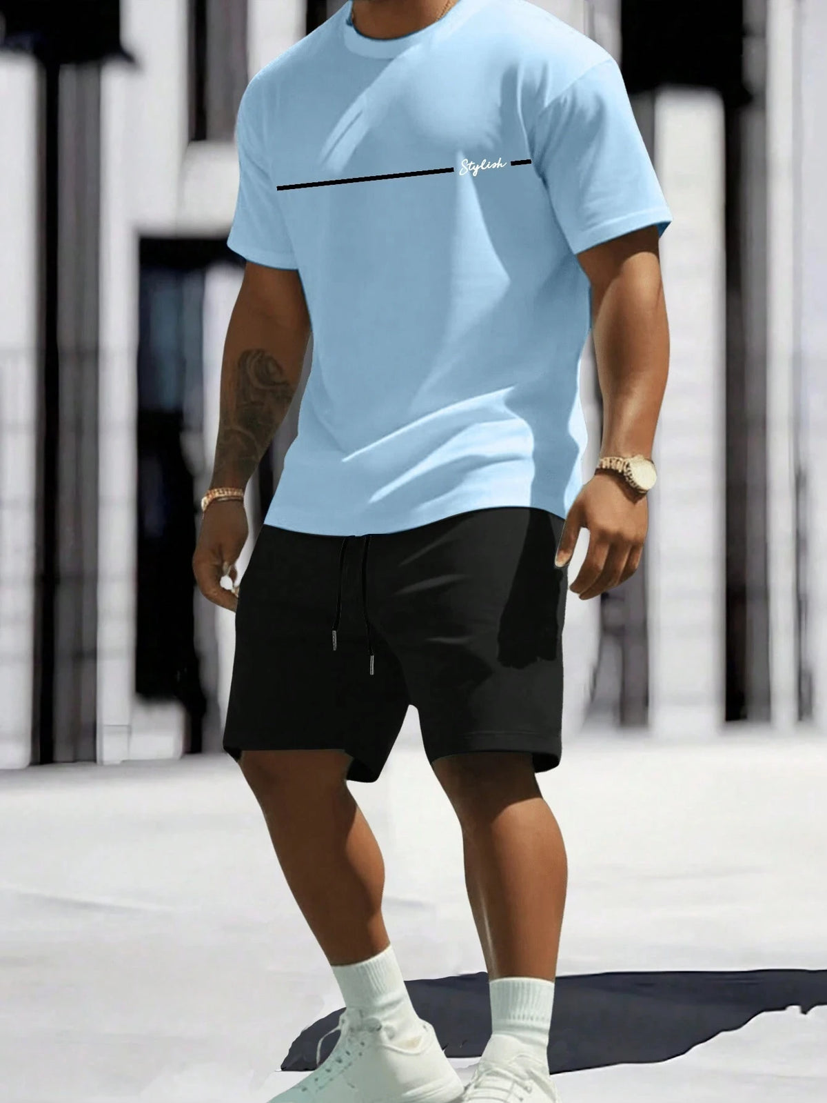 2025 New Men's Summer Round Neck Short Sleeve Suit Outdoor Sports Breathable Comfortable Shorts Suit Letter Print Casual Suit